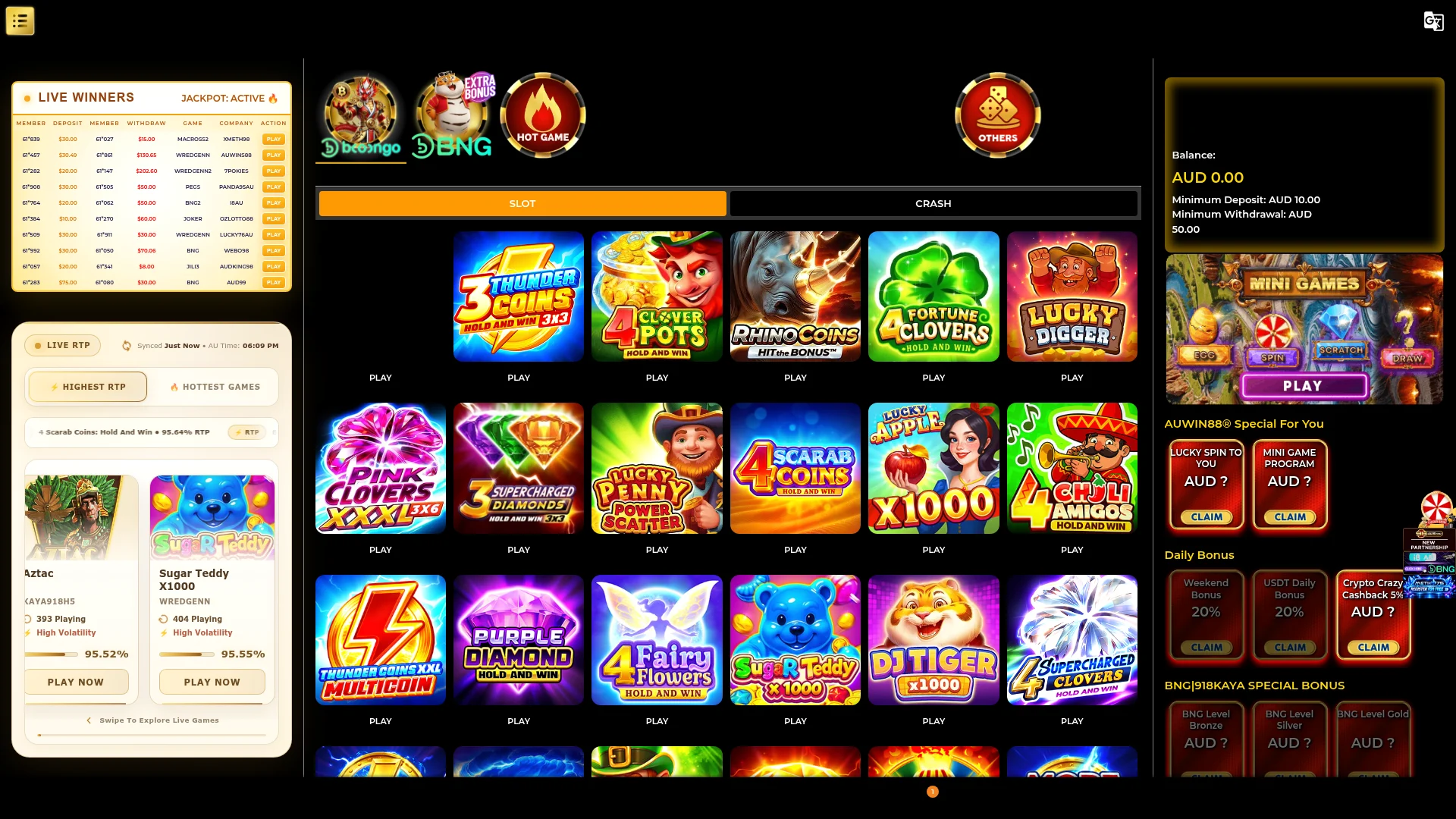 Auwin88 desktop casino lobby with game categories and RTP information